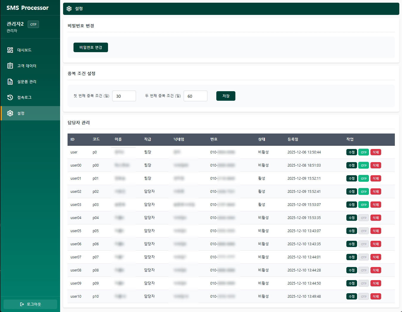 담당자별 문자 관리 및 인센티브 계산 시스템